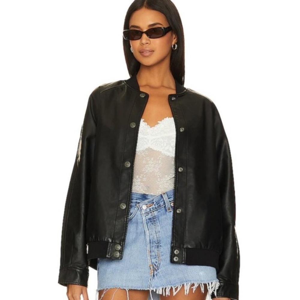 We The Free Black Leather Button-Front Jacket